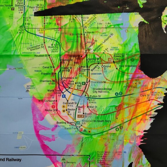 Handpainted Zombie Statue of Liberty Unique acrylic Artwork on a NYC Subway Map - Picture 6 of 9